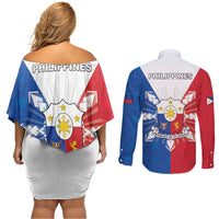 Philippines Filipinos Couples Matching Off Shoulder Short Dress and Long Sleeve Button Shirt Jose Rizal Flag Style
