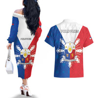 Philippines Filipinos Couples Matching Off The Shoulder Long Sleeve Dress and Hawaiian Shirt Jose Rizal Flag Style