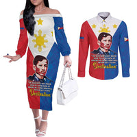 Philippines Filipinos Couples Matching Off The Shoulder Long Sleeve Dress and Long Sleeve Button Shirt Jose Rizal Flag Style