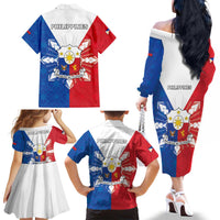 Philippines Filipinos Family Matching Off The Shoulder Long Sleeve Dress and Hawaiian Shirt Jose Rizal Flag Style