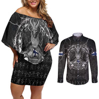 Personalized Finland Viking Couples Matching Off Shoulder Short Dress and Long Sleeve Button Shirt Odin's Raven Legacy - Wonder Print Shop