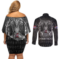 Personalized Norway Viking Couples Matching Off Shoulder Short Dress and Long Sleeve Button Shirt Odin's Raven Legacy - Wonder Print Shop