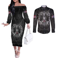 Personalized Norway Viking Couples Matching Off The Shoulder Long Sleeve Dress and Long Sleeve Button Shirt Odin's Raven Legacy - Wonder Print Shop