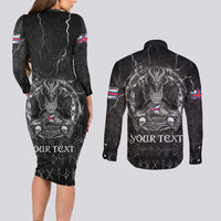 Personalized Faroe Islands Viking Couples Matching Long Sleeve Bodycon Dress and Long Sleeve Button Shirt Odin's Raven Legacy - Wonder Print Shop