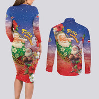 Dominican Republic Christmas Couples Matching Long Sleeve Bodycon Dress and Long Sleeve Button Shirt Santa Relaxing On The Beach - Wonder Print Shop