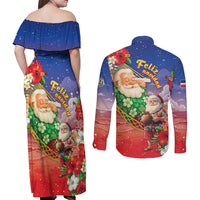 Dominican Republic Christmas Couples Matching Off Shoulder Maxi Dress and Long Sleeve Button Shirt Santa Relaxing On The Beach - Wonder Print Shop