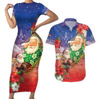 Dominican Republic Christmas Couples Matching Short Sleeve Bodycon Dress and Hawaiian Shirt Santa Relaxing On The Beach - Wonder Print Shop