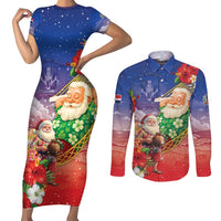 Dominican Republic Christmas Couples Matching Short Sleeve Bodycon Dress and Long Sleeve Button Shirt Santa Relaxing On The Beach - Wonder Print Shop
