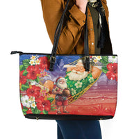 Dominican Republic Christmas Leather Tote Bag Santa Relaxing On The Beach - Wonder Print Shop