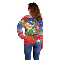 Dominican Republic Christmas Off Shoulder Sweater Santa Relaxing On The Beach - Wonder Print Shop
