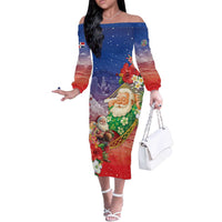 Dominican Republic Christmas Off The Shoulder Long Sleeve Dress Santa Relaxing On The Beach - Wonder Print Shop