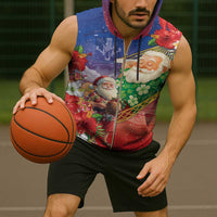 Dominican Republic Christmas Sleeveless Zip Hoodie Santa Relaxing On The Beach - Wonder Print Shop