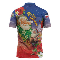 Dominican Republic Christmas Zipper Polo Shirt Santa Relaxing On The Beach - Wonder Print Shop