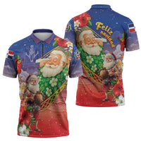 Dominican Republic Christmas Zipper Polo Shirt Santa Relaxing On The Beach - Wonder Print Shop