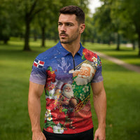 Dominican Republic Christmas Zipper Polo Shirt Santa Relaxing On The Beach - Wonder Print Shop