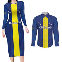 Custom Curacao Football Couples Matching Long Sleeve Bodycon Dress and Long Sleeve Button Shirt Go Champions Flag Style - Wonder Print Shop