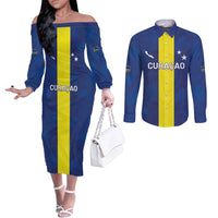 Custom Curacao Football Couples Matching Off The Shoulder Long Sleeve Dress and Long Sleeve Button Shirt Go Champions Flag Style - Wonder Print Shop