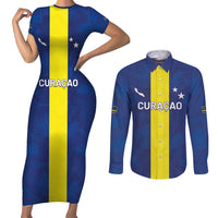 Custom Curacao Football Couples Matching Short Sleeve Bodycon Dress and Long Sleeve Button Shirt Go Champions Flag Style - Wonder Print Shop