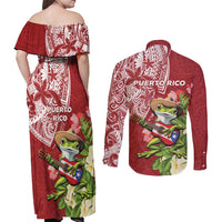 Puerto Rico Coqui Frog Couples Matching Off Shoulder Maxi Dress and Long Sleeve Button Shirt Tropical Flowers Polynesian Style - Wonder Print Shop