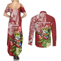 Puerto Rico Coqui Frog Couples Matching Summer Maxi Dress and Long Sleeve Button Shirt Tropical Flowers Polynesian Style - Wonder Print Shop