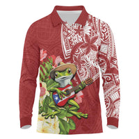 Puerto Rico Coqui Frog Long Sleeve Polo Shirt Tropical Flowers Polynesian Style - Wonder Print Shop