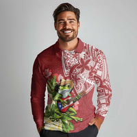 Puerto Rico Coqui Frog Long Sleeve Polo Shirt Tropical Flowers Polynesian Style - Wonder Print Shop