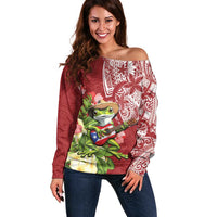 Puerto Rico Coqui Frog Off Shoulder Sweater Tropical Flowers Polynesian Style - Wonder Print Shop