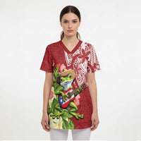 Puerto Rico Coqui Frog Scrub Top Tropical Flowers Polynesian Style - Wonder Print Shop