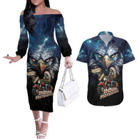 American Indian Legendary Motorcycle Couples Matching Off The Shoulder Long Sleeve Dress and Hawaiian Shirt Native American Retro Rider - Wonder Print Shop