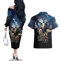 American Indian Legendary Motorcycle Couples Matching Off The Shoulder Long Sleeve Dress and Hawaiian Shirt Native American Retro Rider - Wonder Print Shop