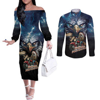 American Indian Legendary Motorcycle Couples Matching Off The Shoulder Long Sleeve Dress and Long Sleeve Button Shirt Native American Retro Rider - Wonder Print Shop