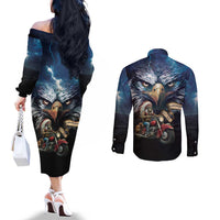 American Indian Legendary Motorcycle Couples Matching Off The Shoulder Long Sleeve Dress and Long Sleeve Button Shirt Native American Retro Rider - Wonder Print Shop