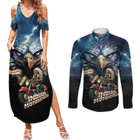 American Indian Legendary Motorcycle Couples Matching Summer Maxi Dress and Long Sleeve Button Shirt Native American Retro Rider - Wonder Print Shop