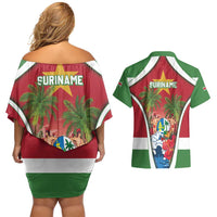 Suriname Ketikoti Couples Matching Off Shoulder Short Dress and Hawaiian Shirt Happy Emancipation Day - Wonder Print Shop