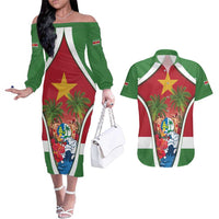 Suriname Ketikoti Couples Matching Off The Shoulder Long Sleeve Dress and Hawaiian Shirt Happy Emancipation Day - Wonder Print Shop