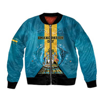 Personalized Bahamas Emancipation Day Bomber Jacket Blue Marlin With Coat Of Arms - Wonder Print Shop