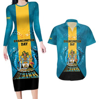 Personalized Bahamas Emancipation Day Couples Matching Long Sleeve Bodycon Dress and Hawaiian Shirt Blue Marlin With Coat Of Arms - Wonder Print Shop