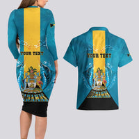 Personalized Bahamas Emancipation Day Couples Matching Long Sleeve Bodycon Dress and Hawaiian Shirt Blue Marlin With Coat Of Arms - Wonder Print Shop