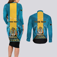 Personalized Bahamas Emancipation Day Couples Matching Long Sleeve Bodycon Dress and Long Sleeve Button Shirt Blue Marlin With Coat Of Arms - Wonder Print Shop