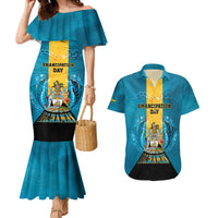 Personalized Bahamas Emancipation Day Couples Matching Mermaid Dress and Hawaiian Shirt Blue Marlin With Coat Of Arms - Wonder Print Shop