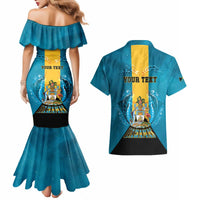 Personalized Bahamas Emancipation Day Couples Matching Mermaid Dress and Hawaiian Shirt Blue Marlin With Coat Of Arms - Wonder Print Shop