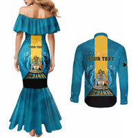 Personalized Bahamas Emancipation Day Couples Matching Mermaid Dress and Long Sleeve Button Shirt Blue Marlin With Coat Of Arms - Wonder Print Shop