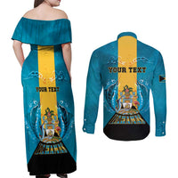 Personalized Bahamas Emancipation Day Couples Matching Off Shoulder Maxi Dress and Long Sleeve Button Shirt Blue Marlin With Coat Of Arms - Wonder Print Shop