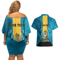 Personalized Bahamas Emancipation Day Couples Matching Off Shoulder Short Dress and Hawaiian Shirt Blue Marlin With Coat Of Arms - Wonder Print Shop