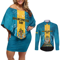 Personalized Bahamas Emancipation Day Couples Matching Off Shoulder Short Dress and Long Sleeve Button Shirt Blue Marlin With Coat Of Arms - Wonder Print Shop