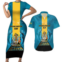 Personalized Bahamas Emancipation Day Couples Matching Short Sleeve Bodycon Dress and Hawaiian Shirt Blue Marlin With Coat Of Arms - Wonder Print Shop