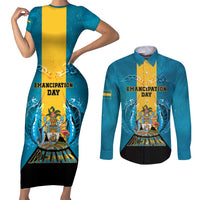 Personalized Bahamas Emancipation Day Couples Matching Short Sleeve Bodycon Dress and Long Sleeve Button Shirt Blue Marlin With Coat Of Arms - Wonder Print Shop