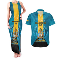 Personalized Bahamas Emancipation Day Couples Matching Tank Maxi Dress and Hawaiian Shirt Blue Marlin With Coat Of Arms - Wonder Print Shop