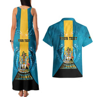 Personalized Bahamas Emancipation Day Couples Matching Tank Maxi Dress and Hawaiian Shirt Blue Marlin With Coat Of Arms - Wonder Print Shop