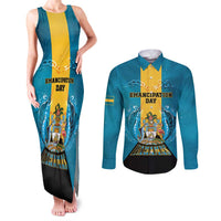 Personalized Bahamas Emancipation Day Couples Matching Tank Maxi Dress and Long Sleeve Button Shirt Blue Marlin With Coat Of Arms - Wonder Print Shop